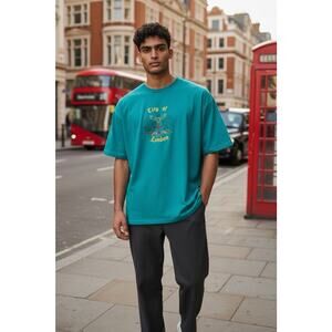 Vintage Churchill Adult Teal L Embroidered City of London Single Stitch T-Shirt
